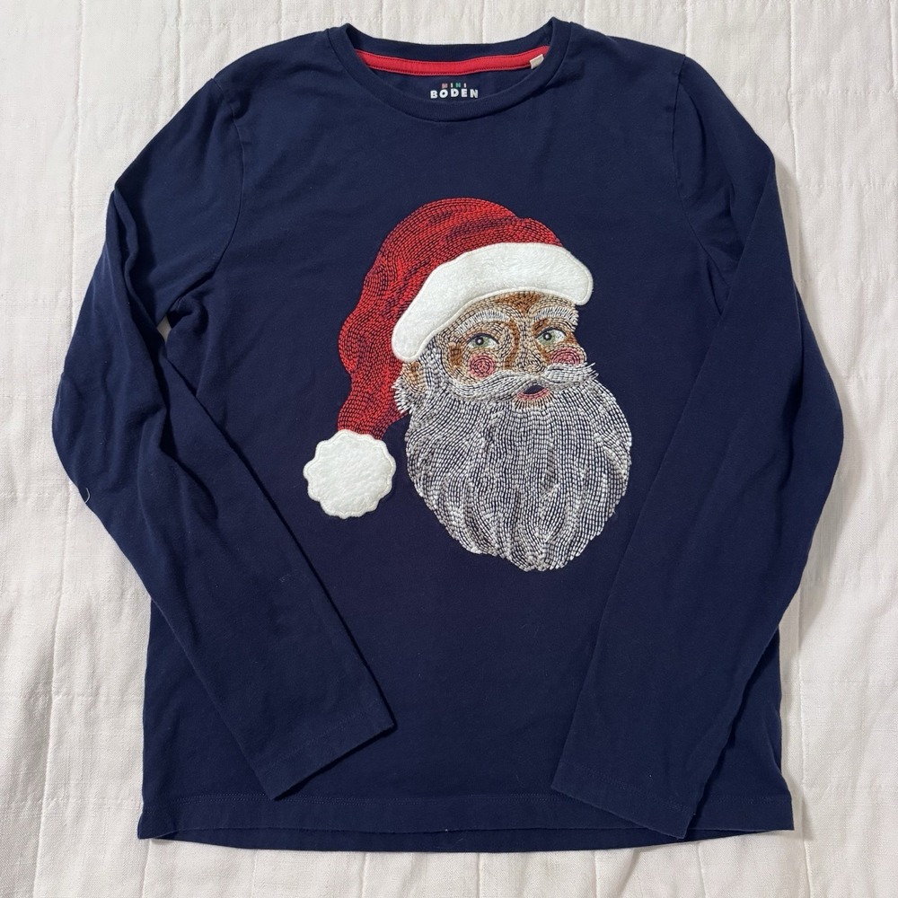 Mini Boden Embroidered Santa Shirt Christmas Size 11-12 Superstitch